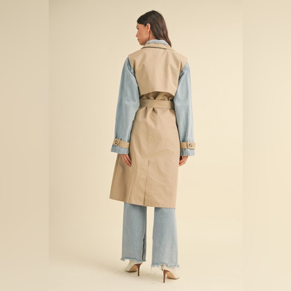 Layered Trench Coat with Denim Jacket Size M Tan Blue Outerwear Classic Neutral - Picture 12 of 12
